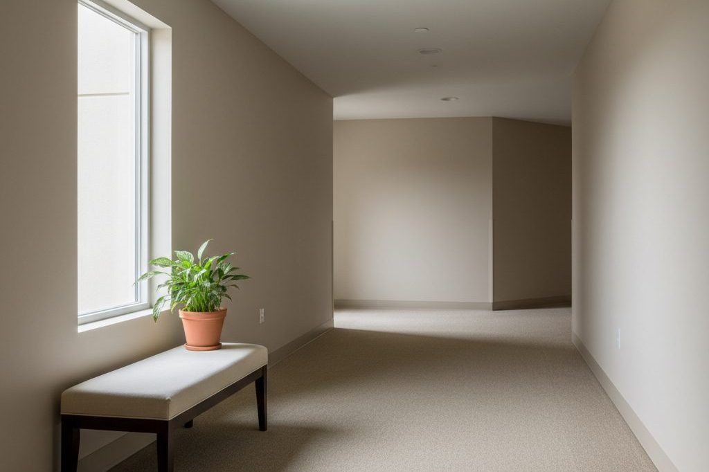 A quiet assisted-living hallway with light coming through a tall window.