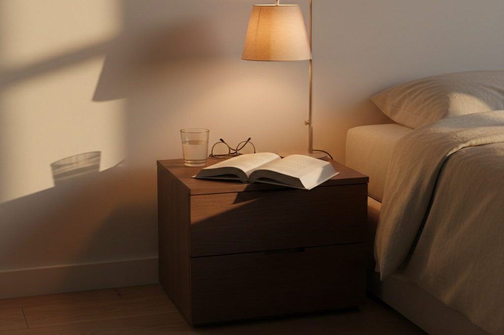A quiet bedside scene with a lamp, a book, and a glass of water at the end of the day.