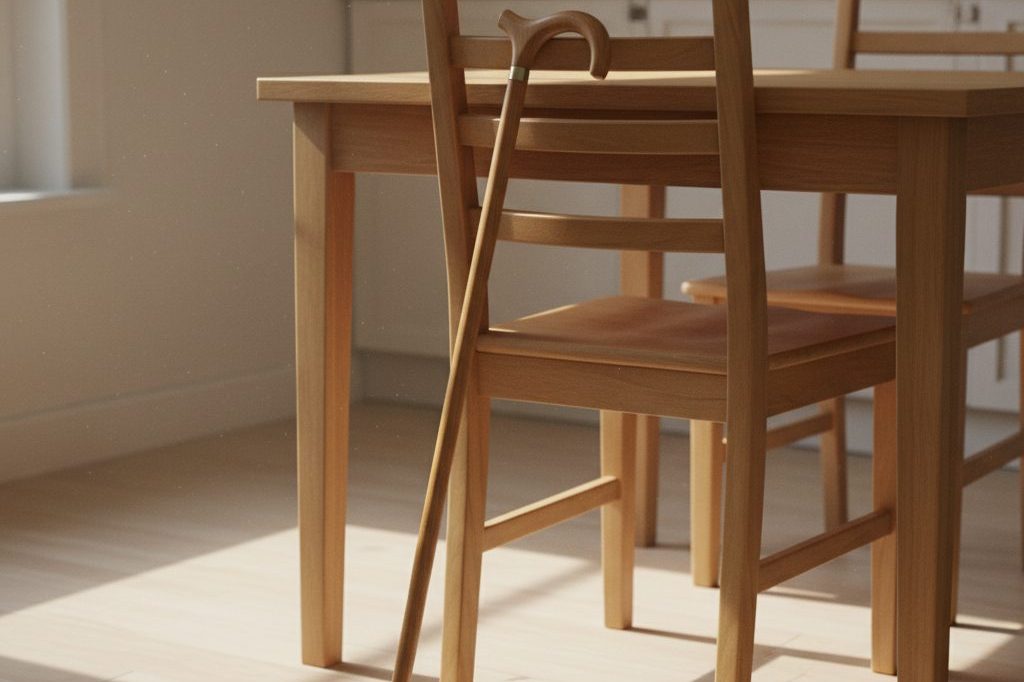 A wooden cane leaning against a kitchen chair.
