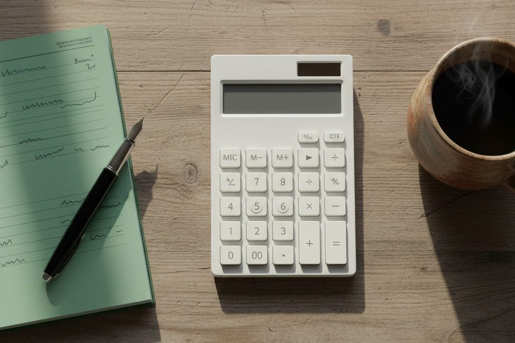 A desk calculator, a checkbook, and a coffee mug in a quiet morning workspace.