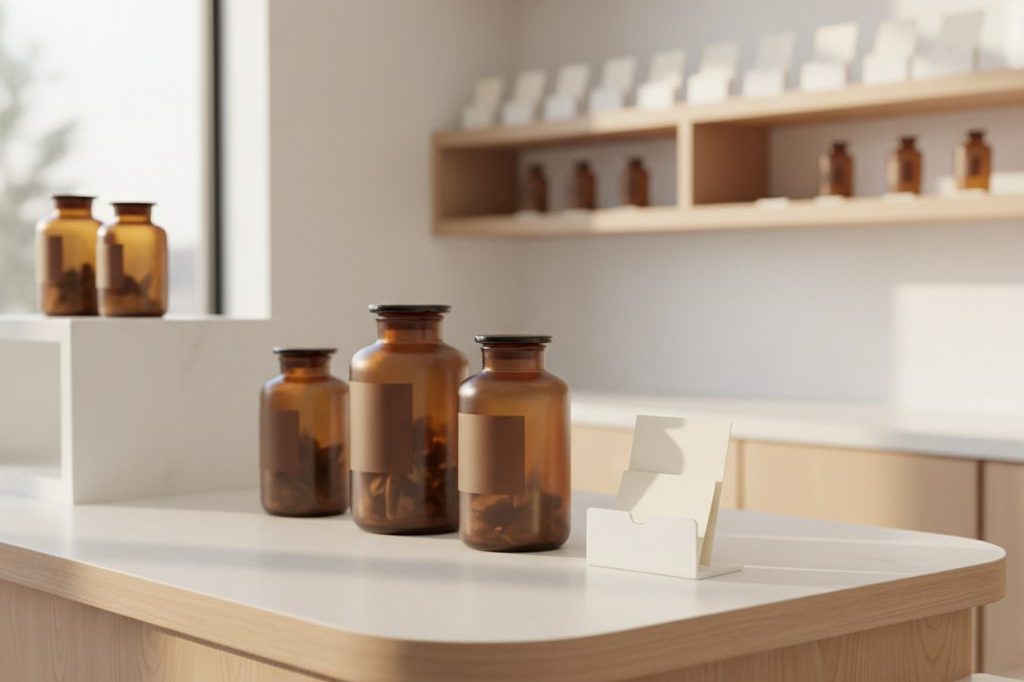 A clean, well-lit dispensary counter on a quiet morning before opening.