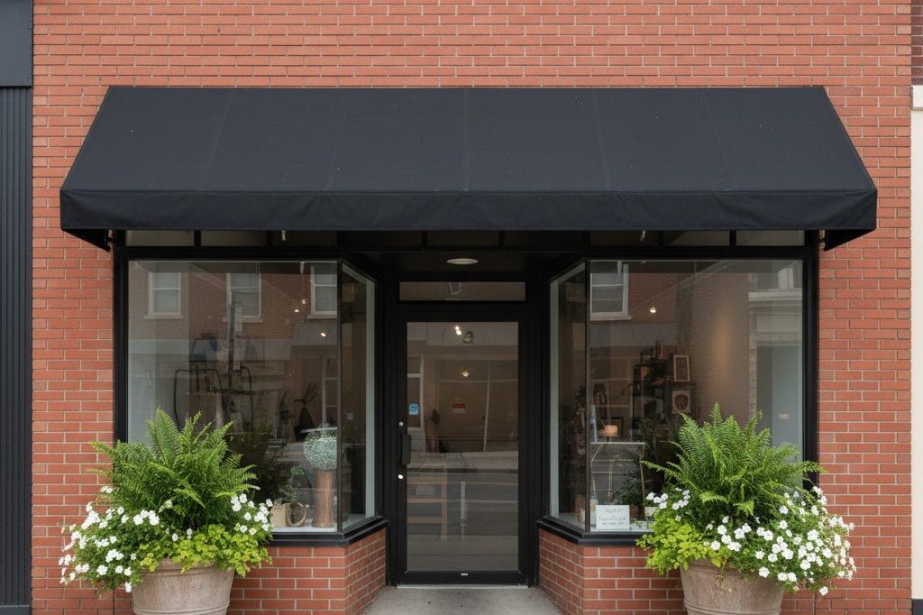 The exterior window of a dispensary on a quiet street.