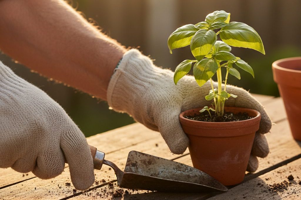 A worn garden glove and trowel beside a pot of basil.