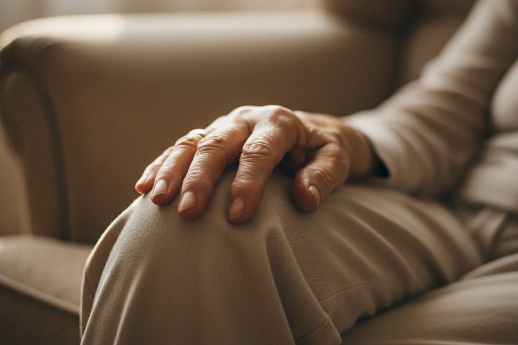 An older adult resting a hand on a knee while seated in an armchair, suggesting joint discomfort.