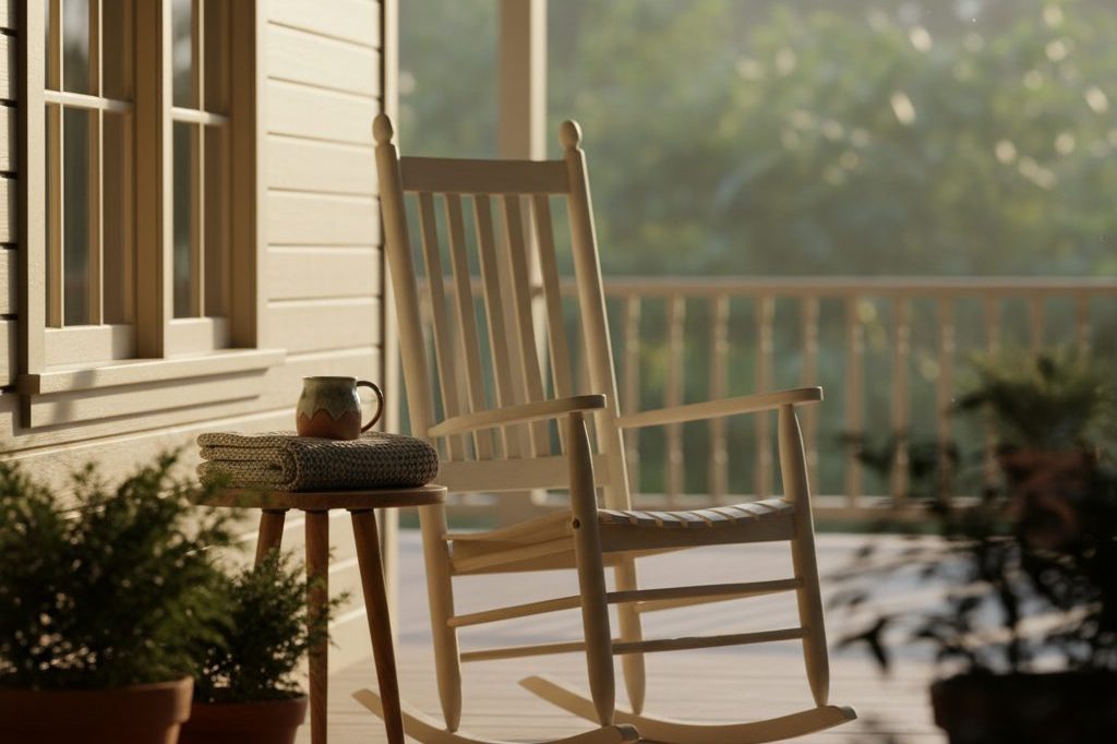 A sunlit porch with a single rocking chair &mdash; a moment of quiet.