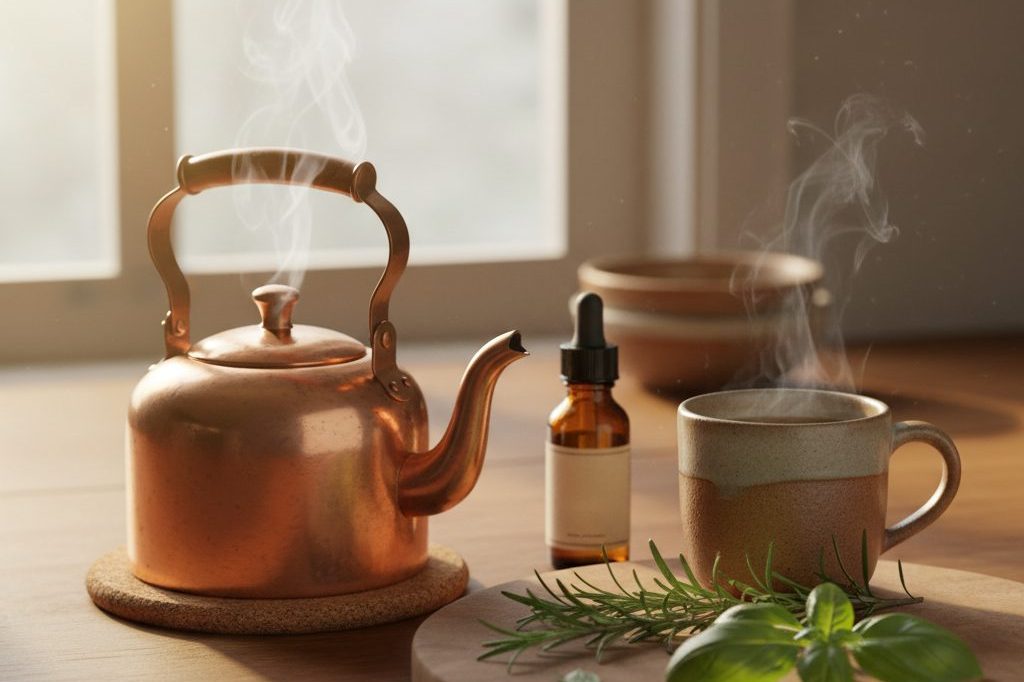 A kitchen counter with fresh herbs, a kettle, and a small tincture bottle.