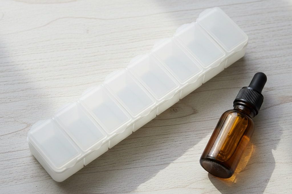 A weekly medication organizer beside a small tincture bottle on a kitchen counter.