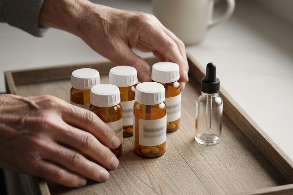 Several prescription pill bottles arranged on a kitchen tray.