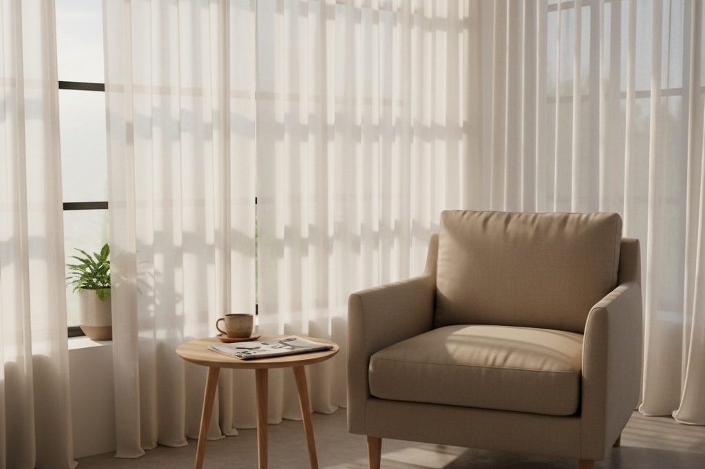 A quiet sunroom with a single empty armchair bathed in soft afternoon light.