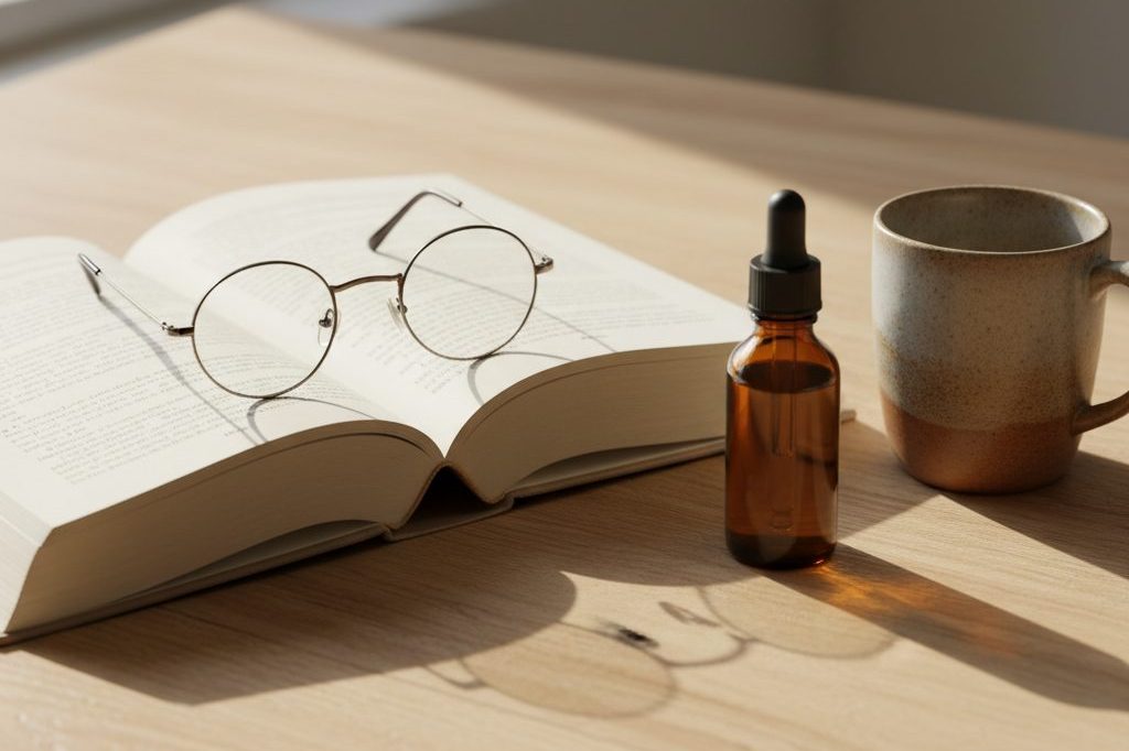 Reading glasses resting on a book beside a labeled tincture bottle.