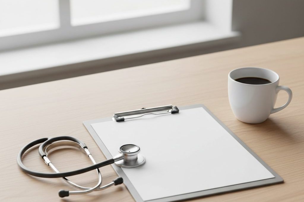 A stethoscope and clipboard resting on a clinician's desk.