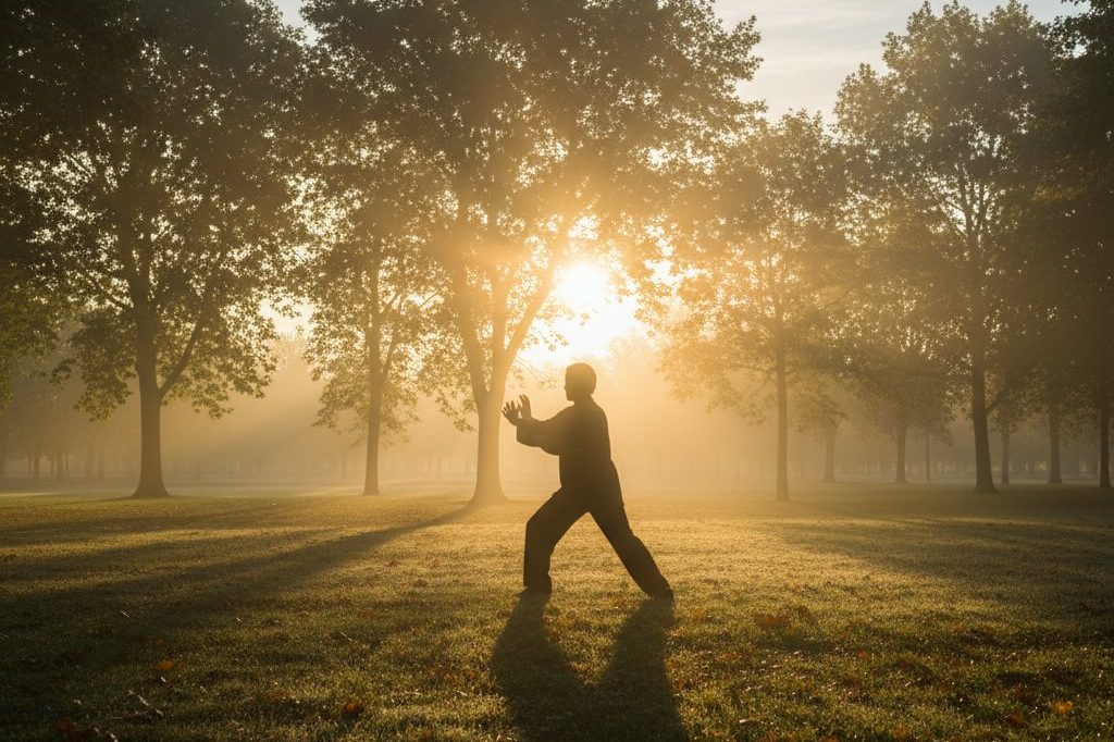 A silhouette practicing tai chi at sunrise.