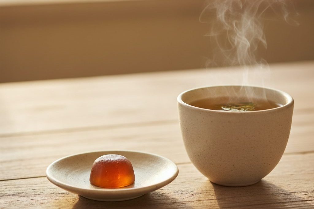 A teacup beside a single cannabis gummy on a saucer.