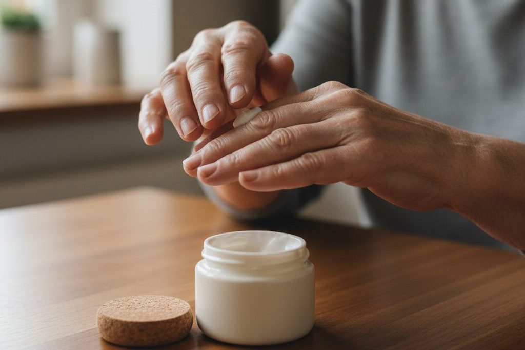 Hands applying cream from a small jar of cannabis topical.