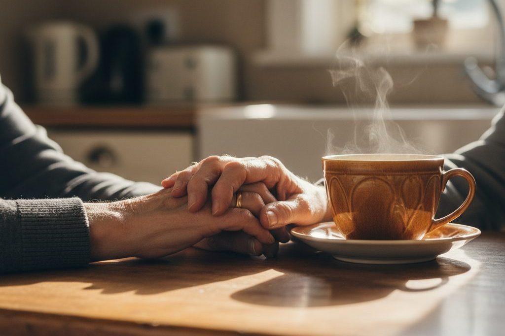Two pairs of hands resting near each other across a kitchen table.