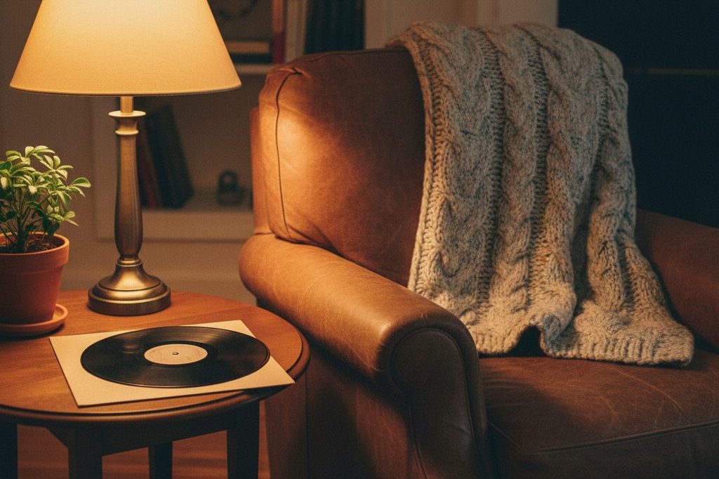 A vinyl record on a turntable beside an armchair and a folded blanket &mdash; small comforts for a familiar room.