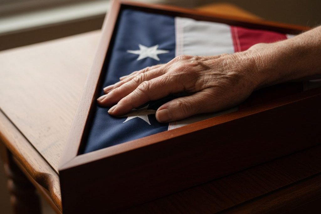 A weathered hand resting at the edge of a folded American flag.