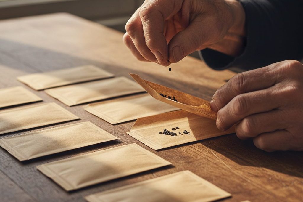 Weathered hands sorting seeds on a wooden surface.