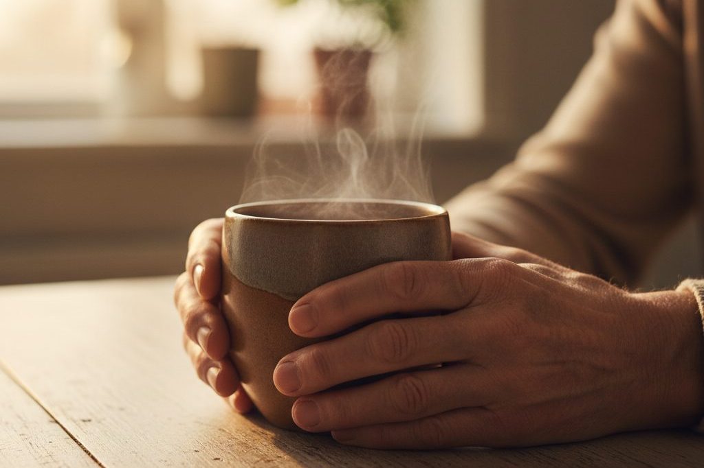 Weathered hands holding a warm mug, conveying steady, lived experience with persistent discomfort.